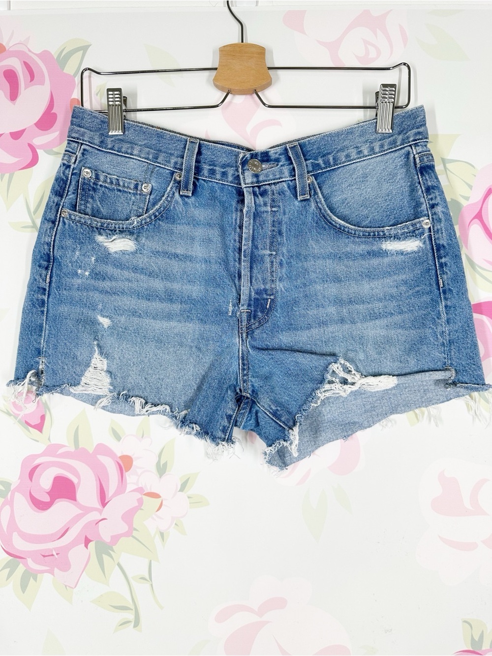 Edwin Light Blue Distressed Frayed Button Denim Jean Shorts 29